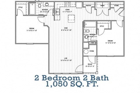 Floor plan for 2 beds, 2 baths, 1067 sqft